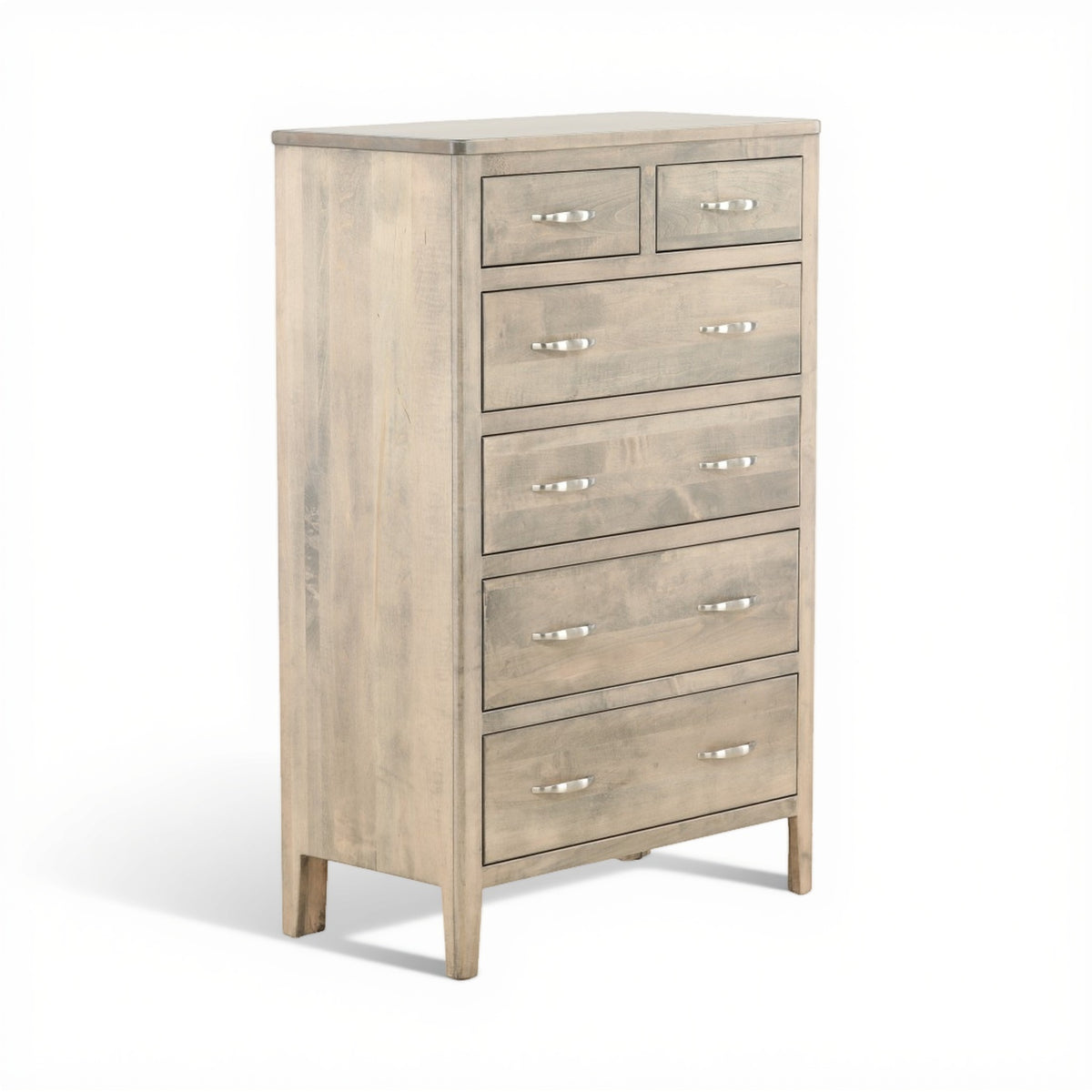 Chest of drawers with six drawers, silver bar pulls, weathered gray wood finish