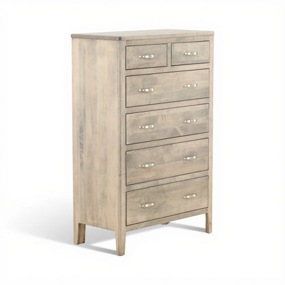Chest of drawers with six drawers, silver bar pulls, weathered gray wood finish