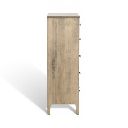 Tall chest of drawers side view in distressed light wood with metal drawer pull hardware