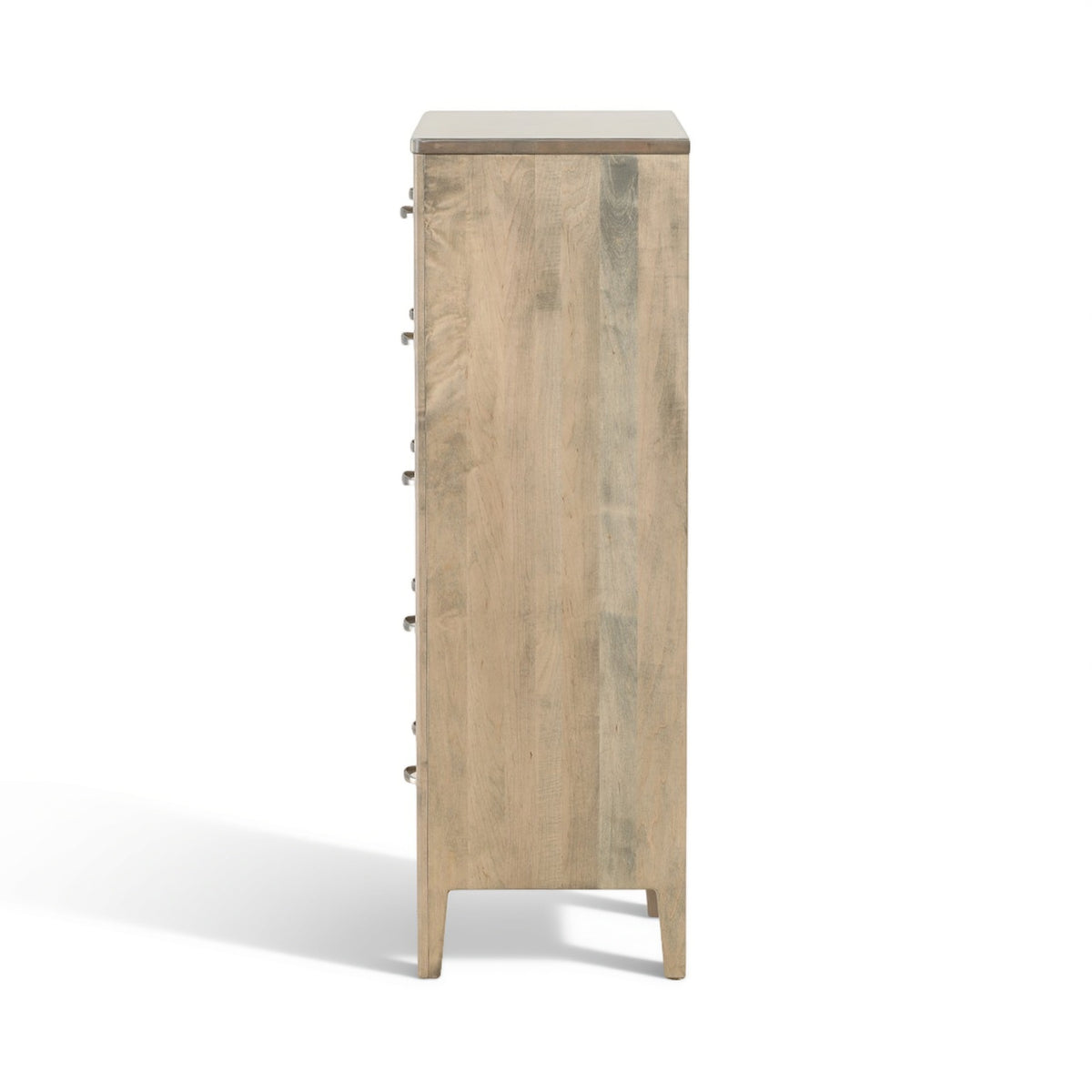 Chest of drawers back corner view with exposed side hardware and distressed light wood finish