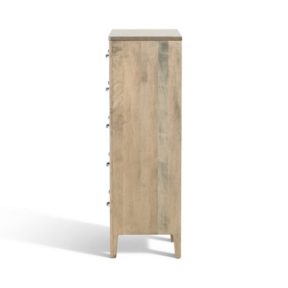 Chest of drawers back corner view with exposed side hardware and distressed light wood finish