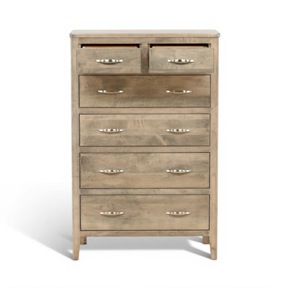 Chest of drawers front view with two top open compartments and six metal bar pulls