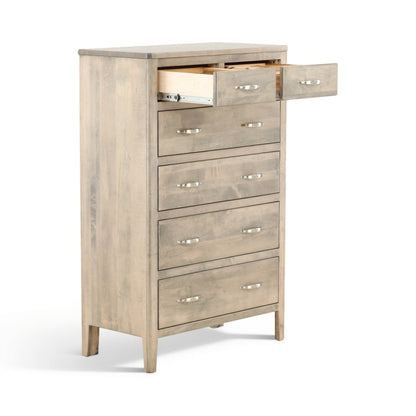Chest of drawers with upper drawer open, showing slides and metal bar pulls