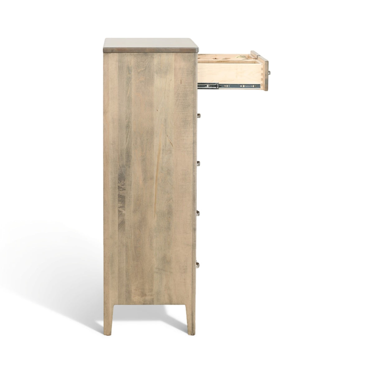 Side view of tall chest of drawers with open top compartment and exposed hinges
