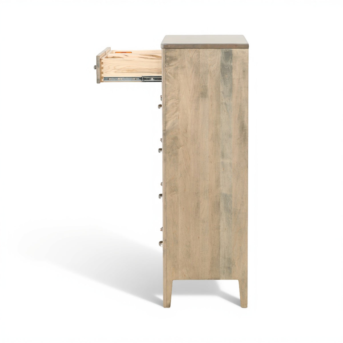 Chest of drawers with open top panel and side hinge hardware, distressed light wood
