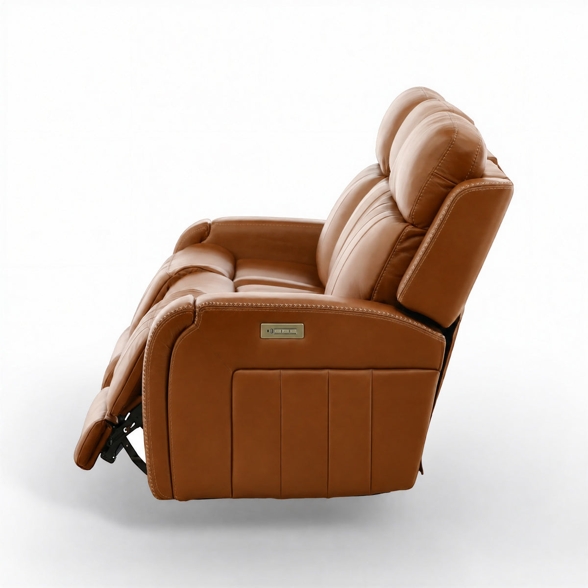 Brown and light-beige leather theater sofa with reclining headrest