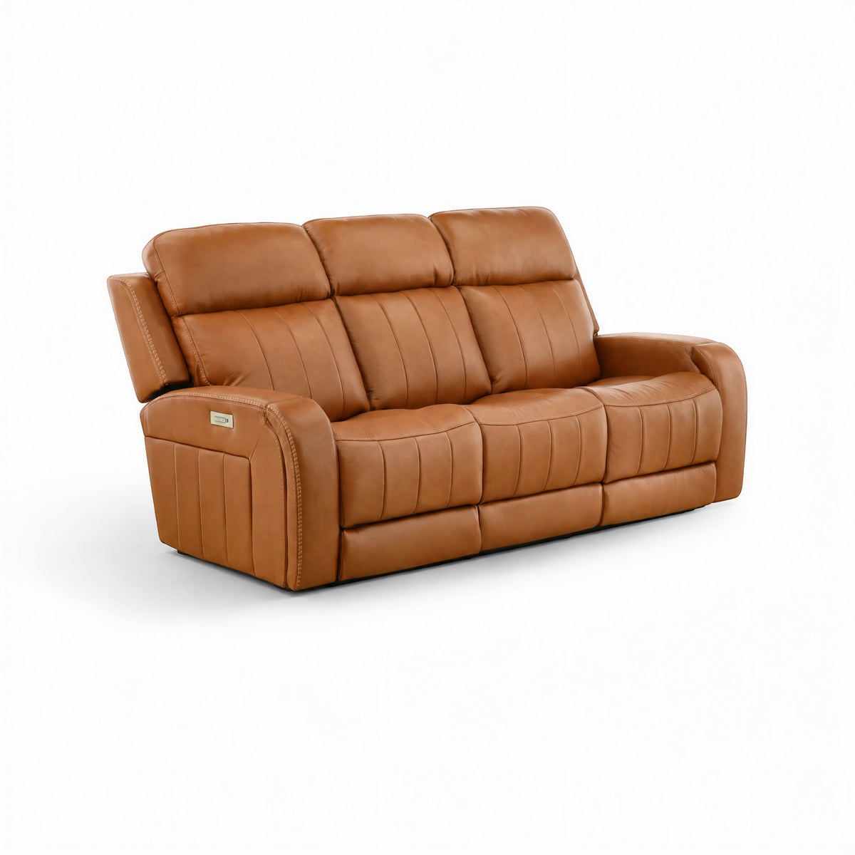 Tan leather home theater sofa with tufted back and split seat sections