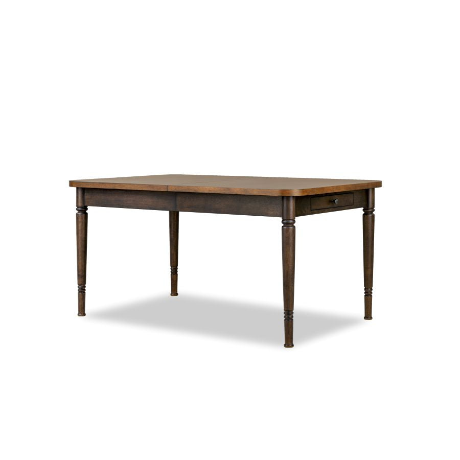 Rectangular dining table with dark turned legs and smooth wood tabletop