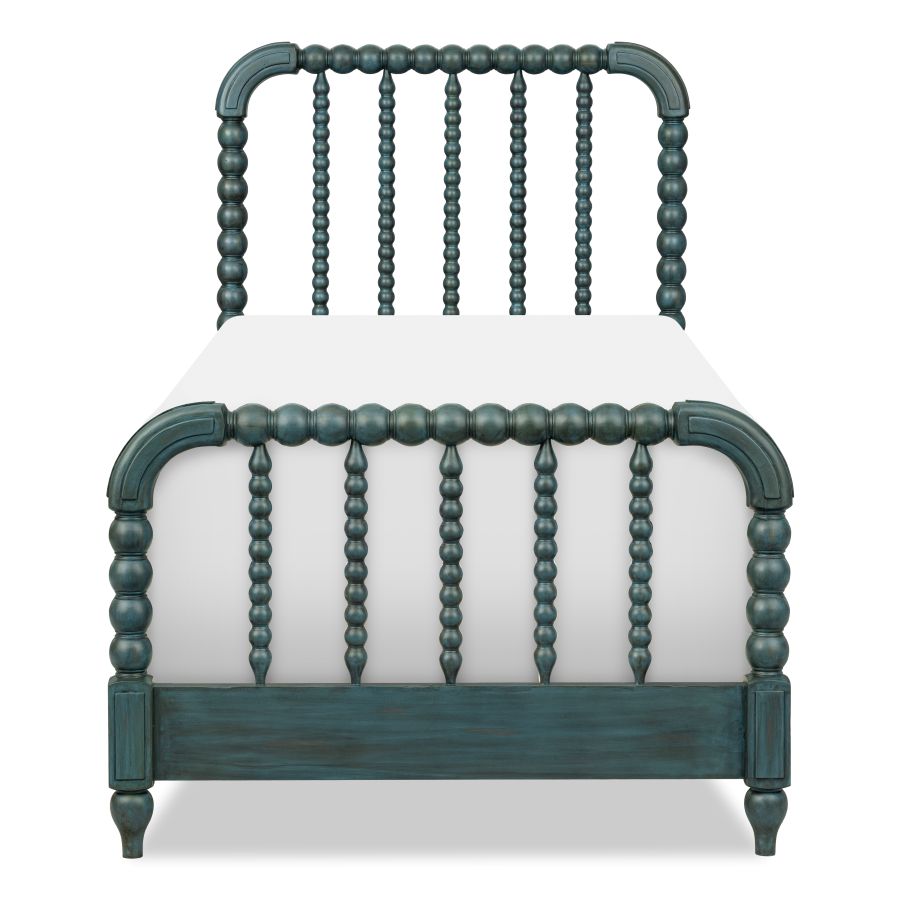 Lakehouse panel bed front view in dark teal with spindle posts and curved top rails.