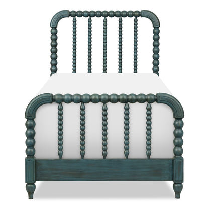 Lakehouse panel bed front view in dark teal with spindle posts and curved top rails.