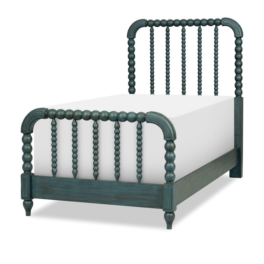 Lakehouse panel bed frame in dark teal with rounded posts and vertical spindle headboard.