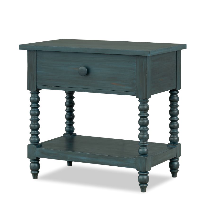 Dark teal nightstand with one drawer, open shelf, and turned spindle legs.