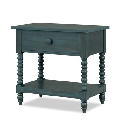 Dark teal nightstand with one drawer, open shelf, and turned spindle legs.