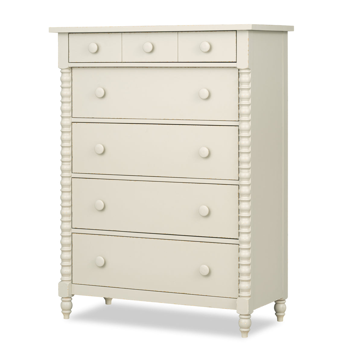 Off-white chest of drawers with five drawers and round knobs, turned legs