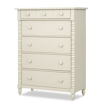 Off-white chest of drawers with five drawers and round knobs, turned legs