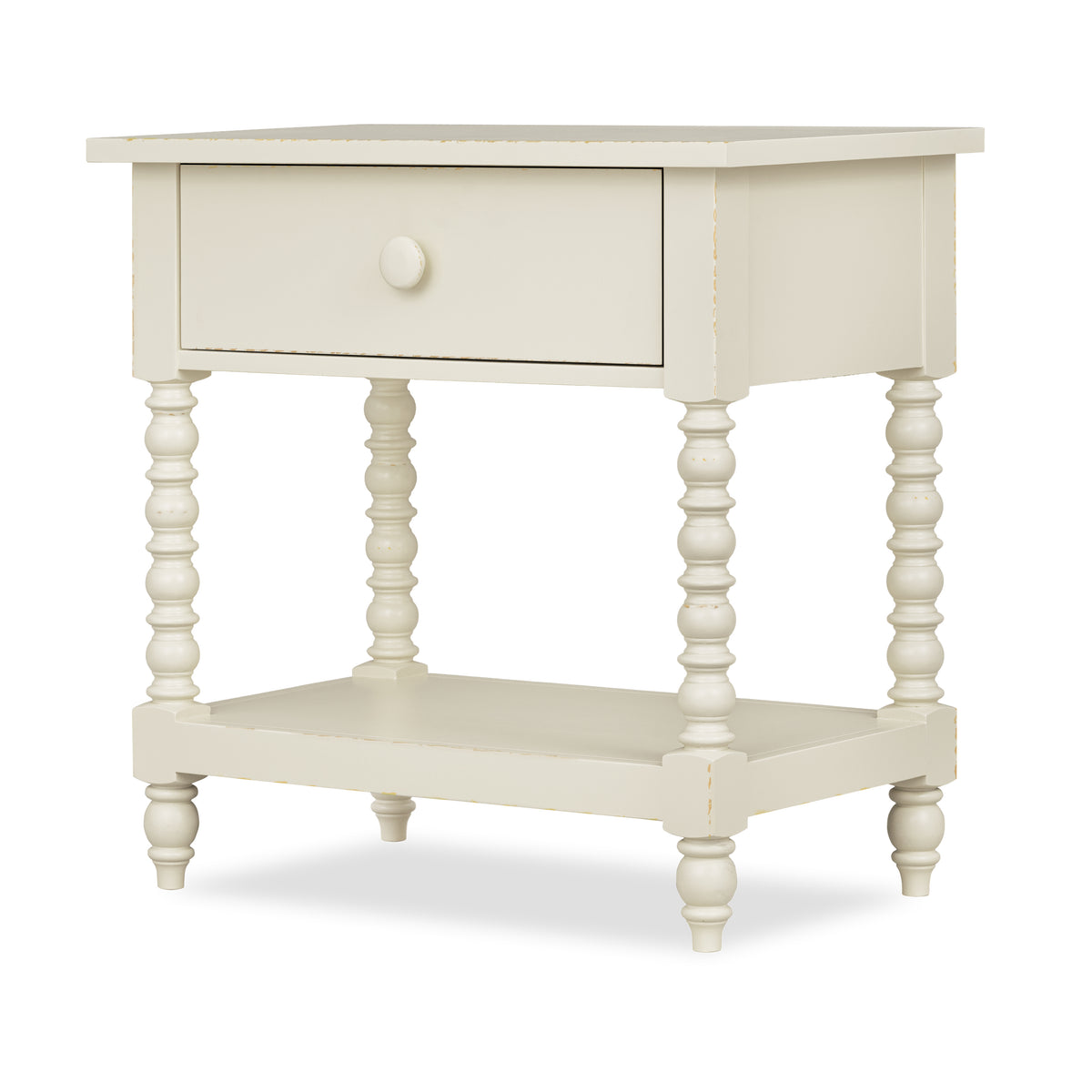 White nightstand with one drawer, open lower shelf, and turned spindle legs.