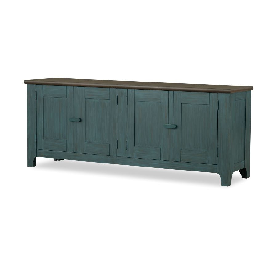 Sea-glass wood console cabinet with paneled doors and dark brown top