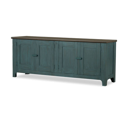 Sea-glass wood console cabinet with paneled doors and dark brown top