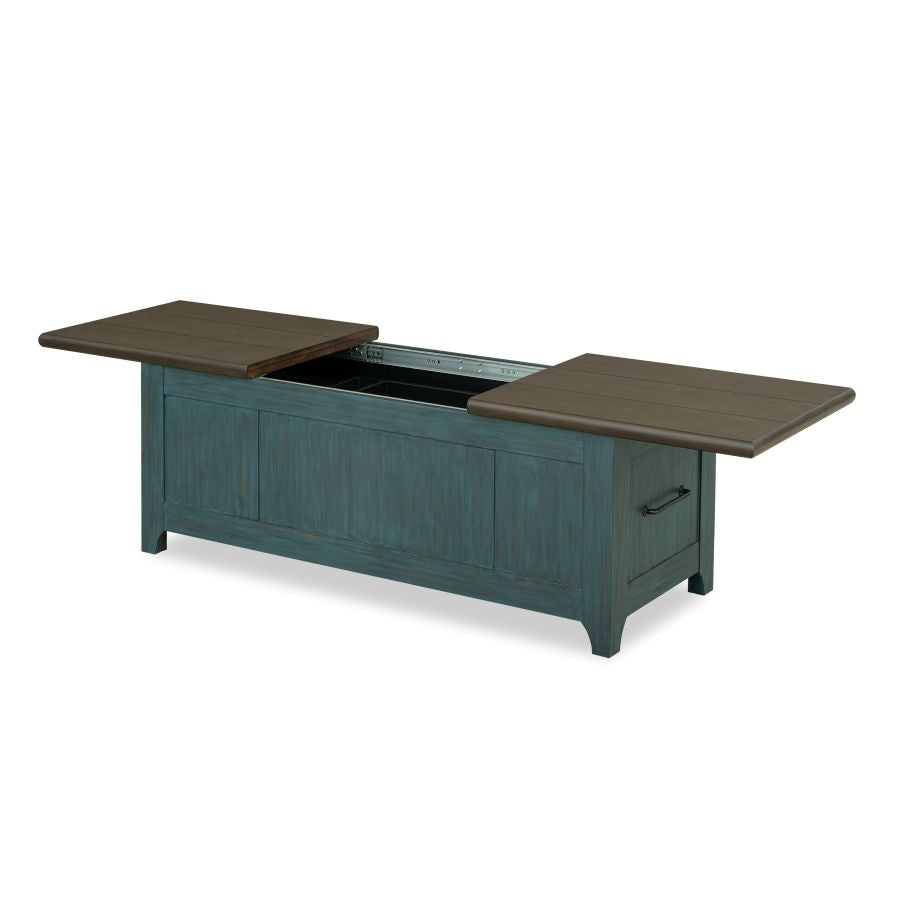 Teal sliding-top cocktail table with split wood panels and visible center opening
