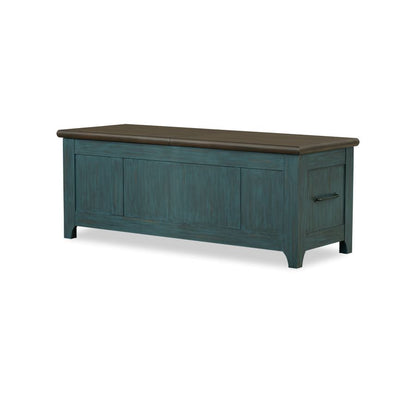 Teal sliding-top cocktail table with dark wood top, fully closed