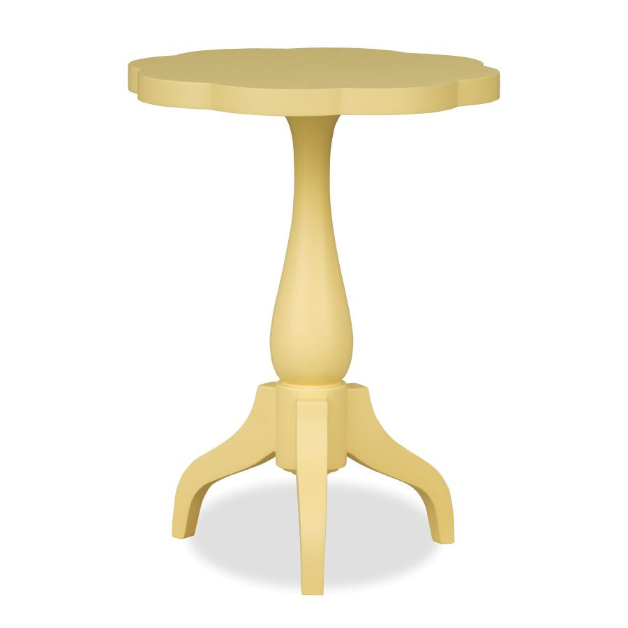 Gold round end table with pedestal base and three-lobed legs