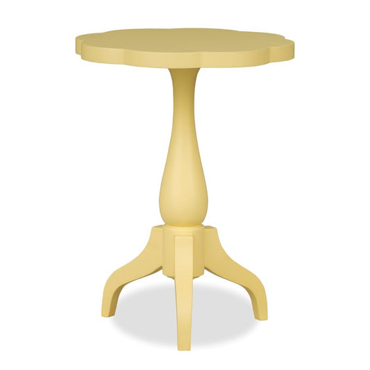 Gold round end table with pedestal base and three-lobed legs