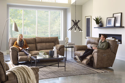 Brown power reclining sofa set with two reclining seats and cushioned armrests.