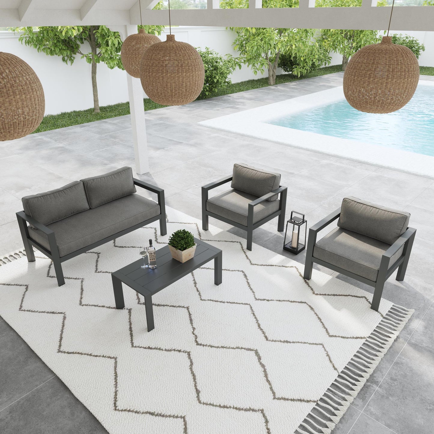 Grayton Outdoor Aluminum Loveseat with Lounge Chairs and Coffee Table