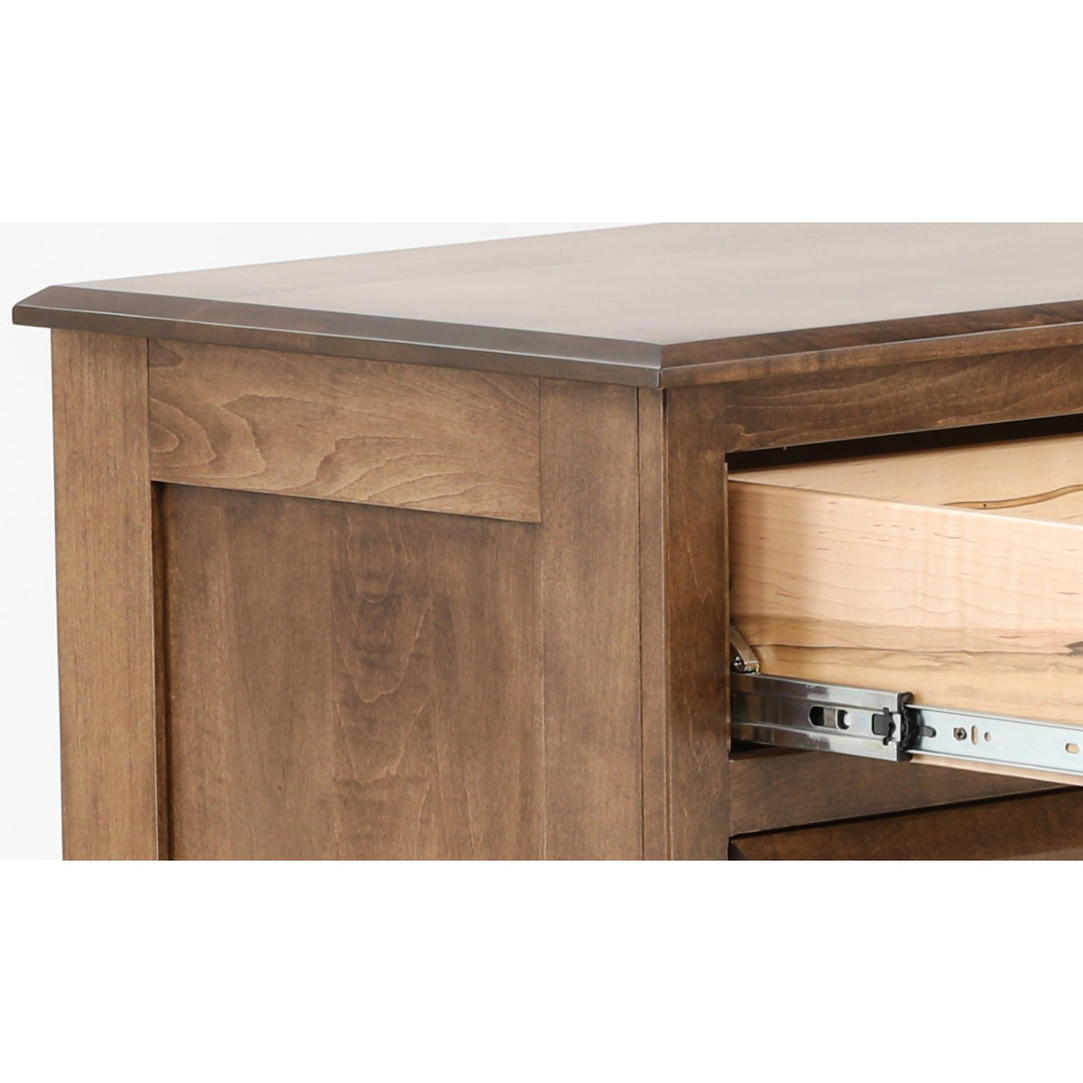 Wood dresser corner with open interior compartment and hardware tracks
