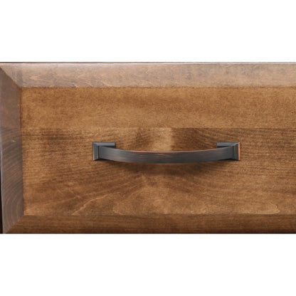 Wood dresser drawer front with matte metal curved handle