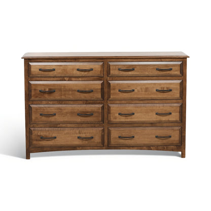 Wood dresser with six drawers and curved metal pulls