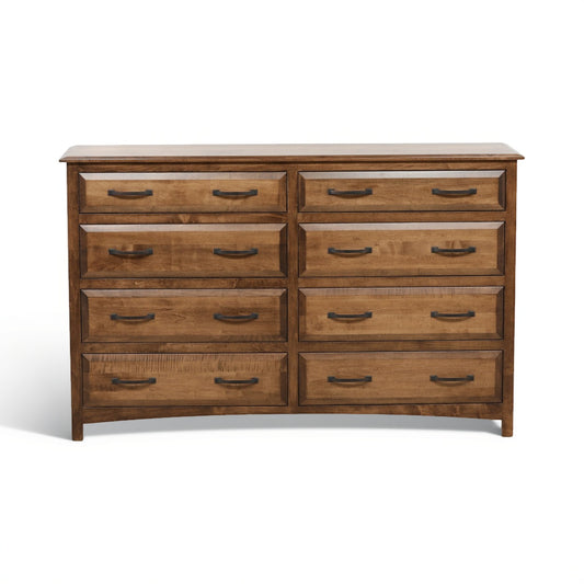 Wood dresser with six drawers and curved metal pulls