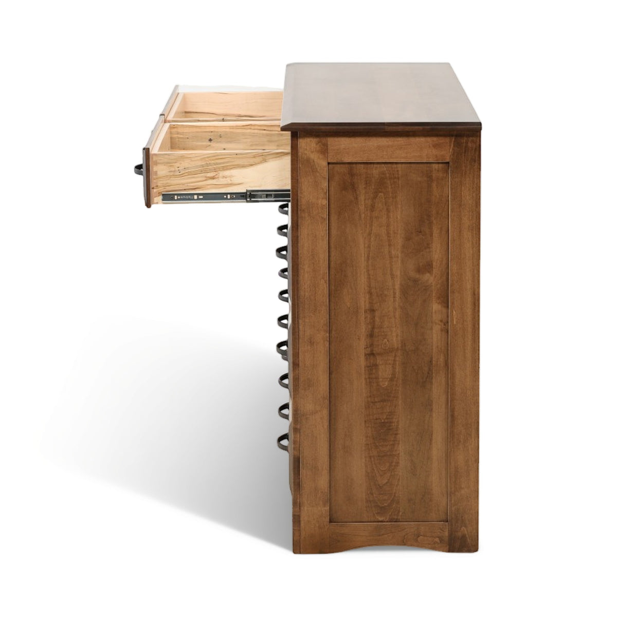Wood dresser side view with open top compartment and knob hardware