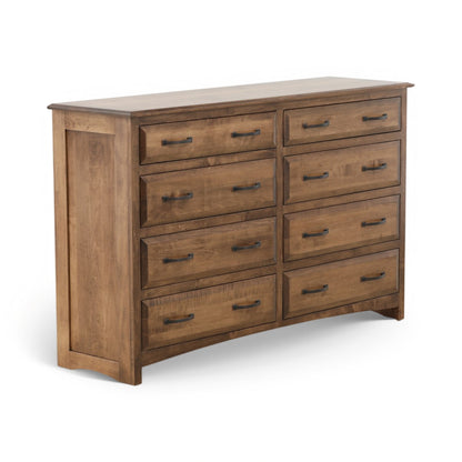 Wood dresser with six drawers and metal bar handles
