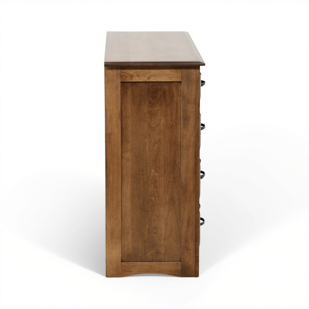 Wood dresser cabinet with panel door and dark metal knobs