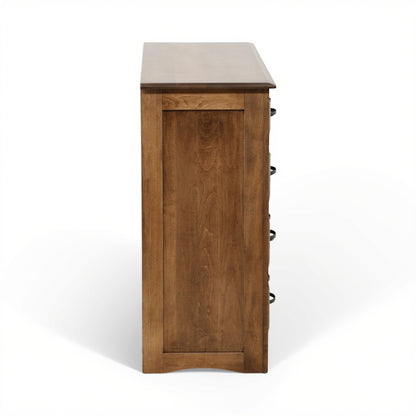 Wood dresser cabinet with panel door and dark metal knobs