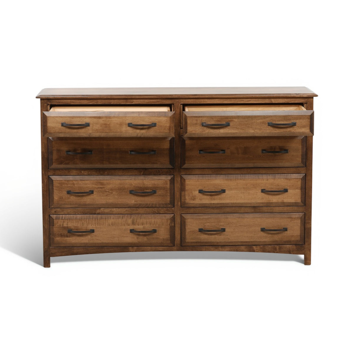 Wood dresser front with six drawers and curved metal drawer pulls
