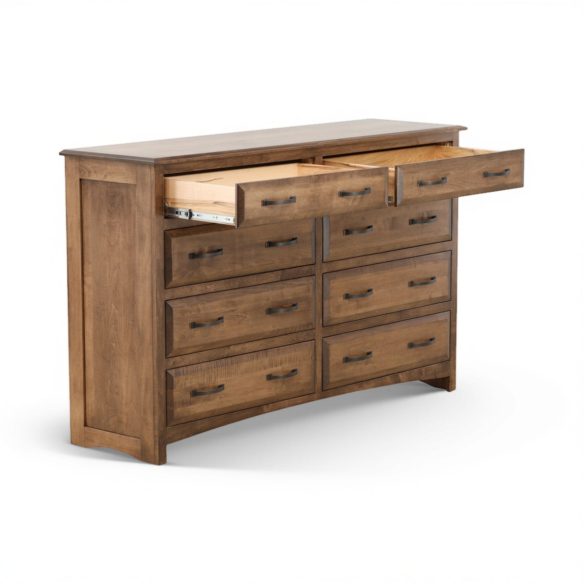 Wood dresser with open top compartment and multiple drawers with metal pulls