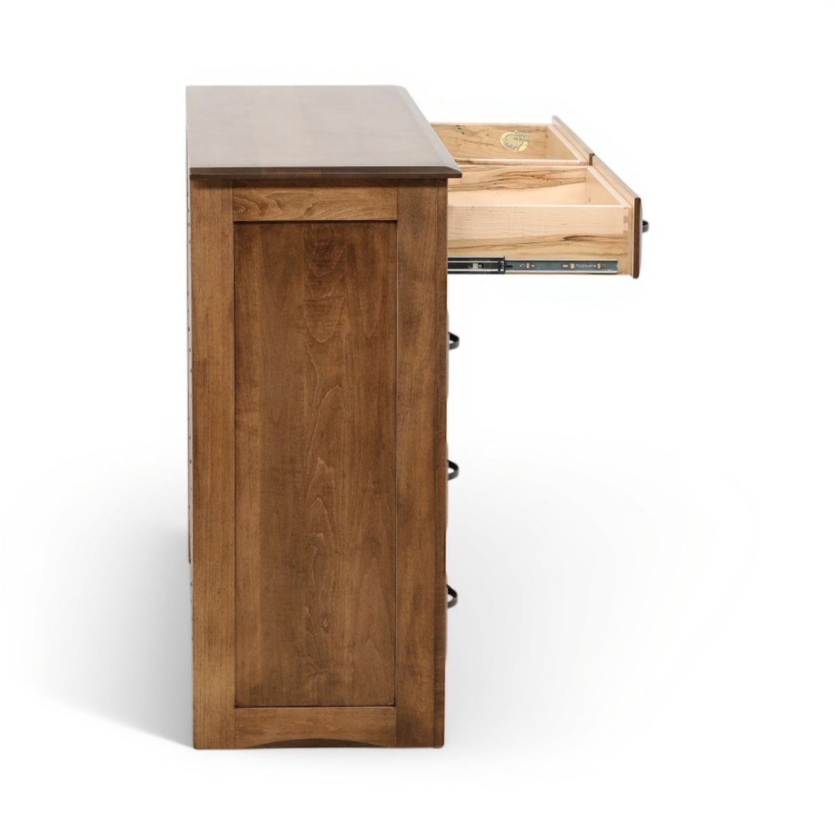 Wood dresser side view with open top tray showing interior rails