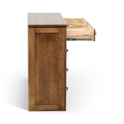 Wood dresser side view with open top tray showing interior rails