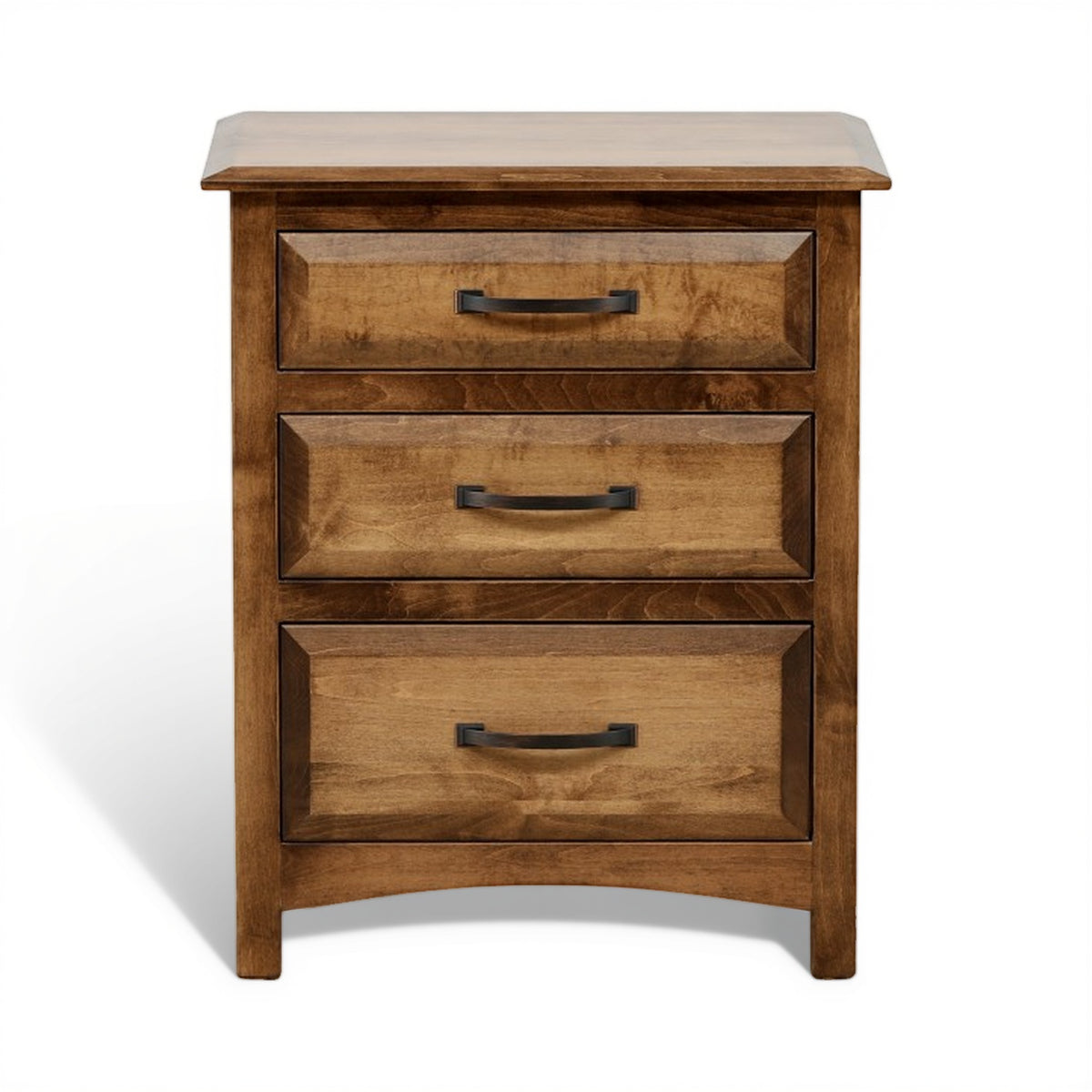 Wood nightstand with three drawers and black metal bar pulls