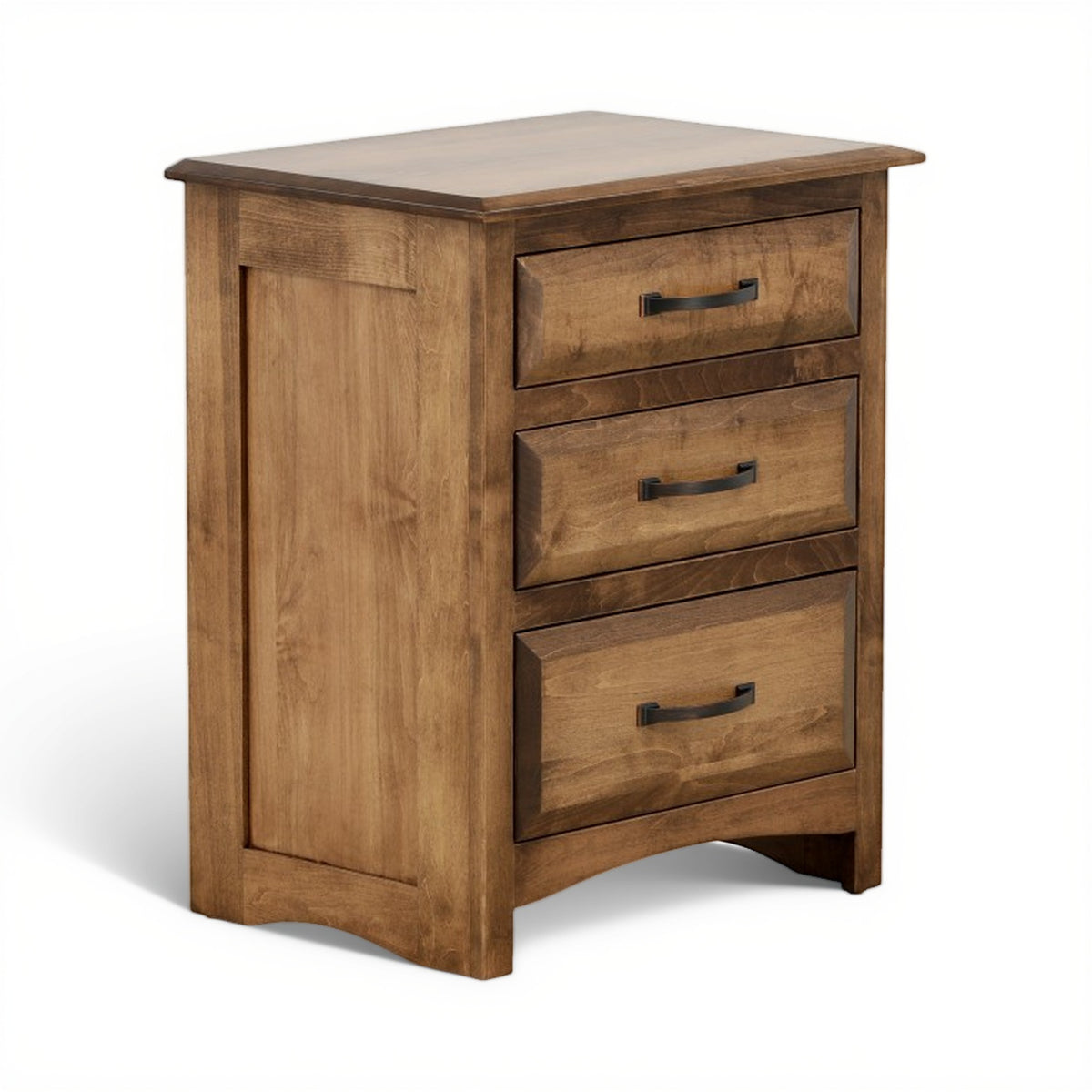 Wood nightstand side view with three drawers and black metal pulls