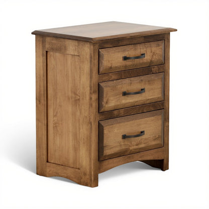 Wood nightstand side view with three drawers and black metal pulls