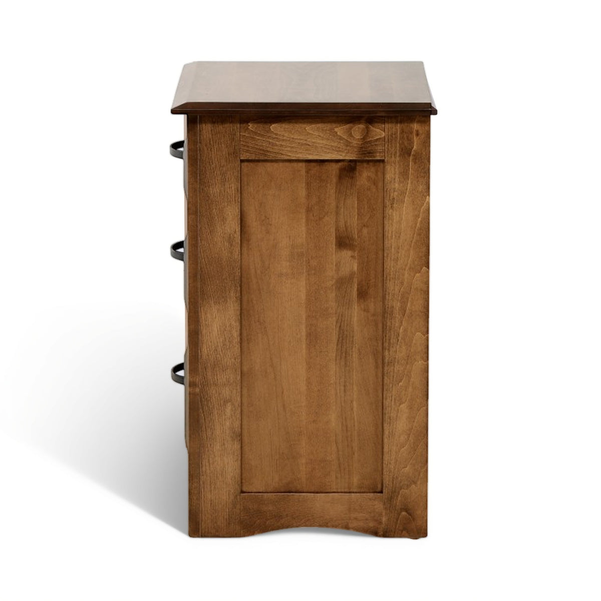 Wood nightstand back view with hinge hardware along the left edge