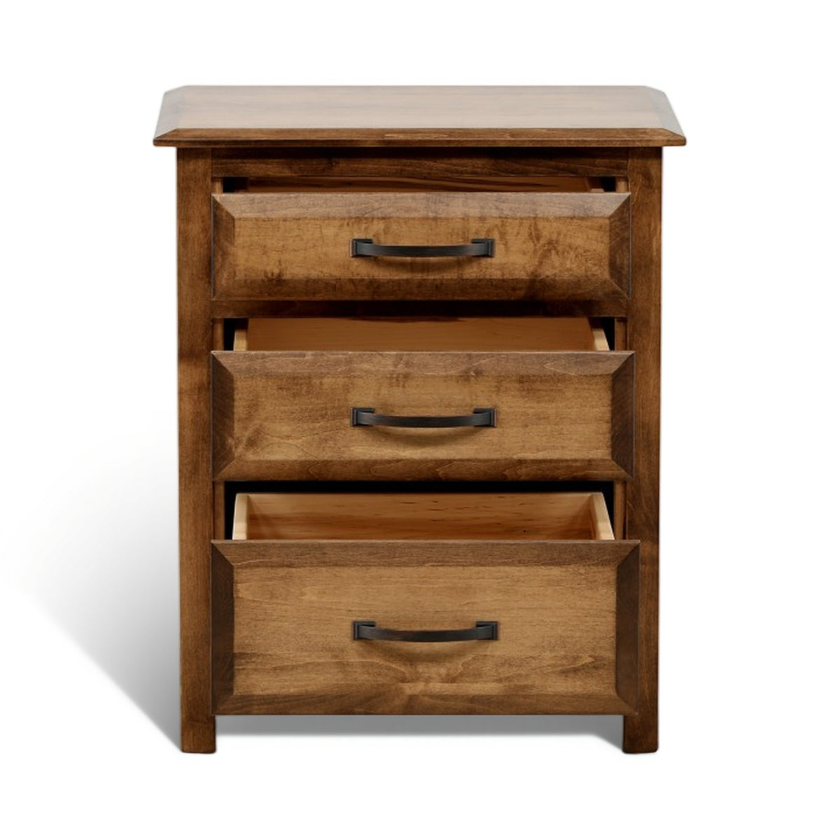 Wood nightstand with drawers open showing interior compartments
