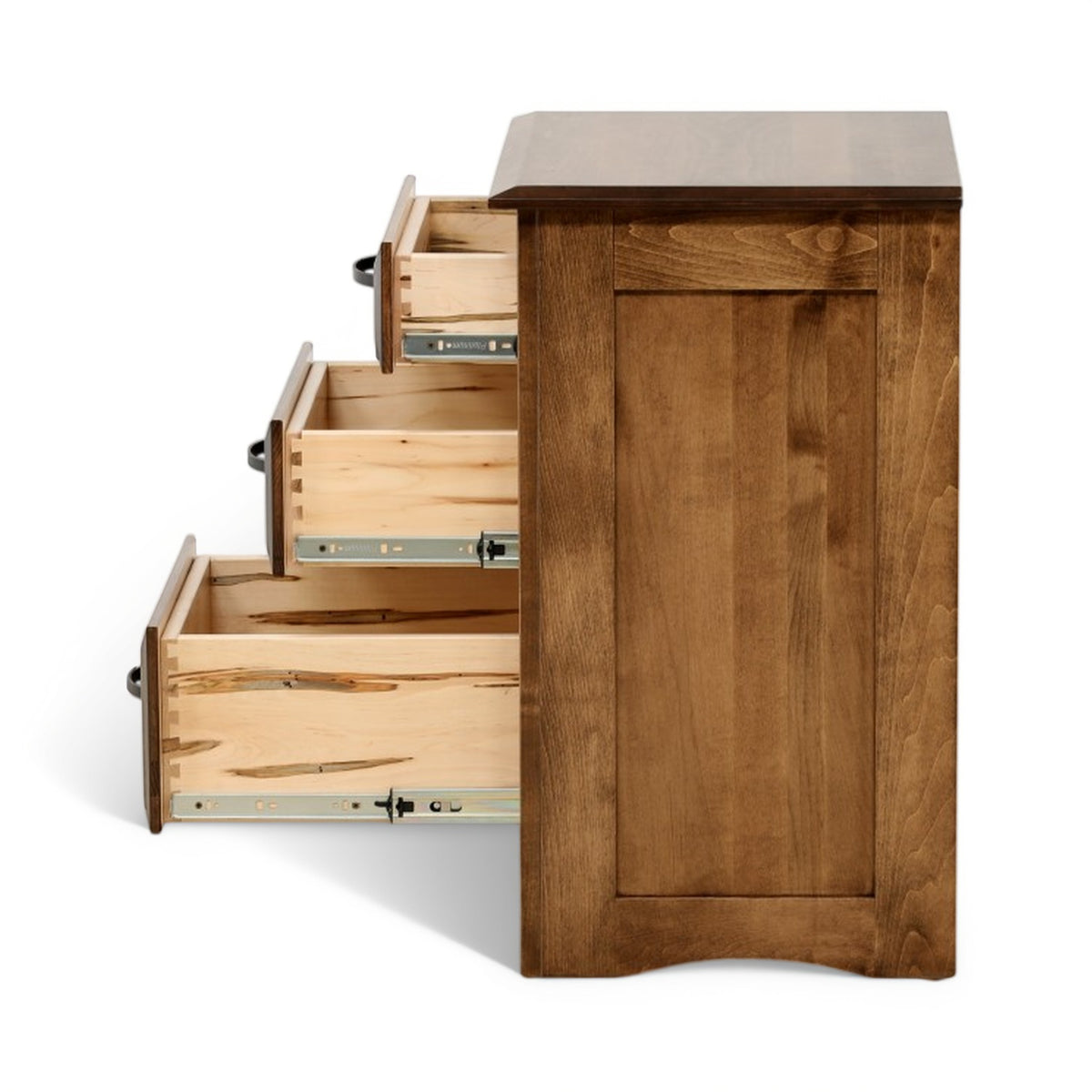 Wood nightstand with open drawers revealing light wood interior