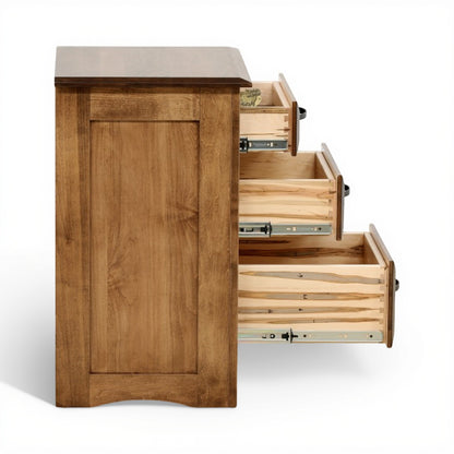 Wood nightstand open interior compartments with slide hardware and shelves