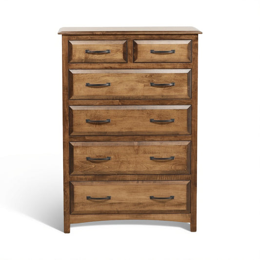 Wooden chest of drawers with four drawers and dark metal bar handles, warm brown finish