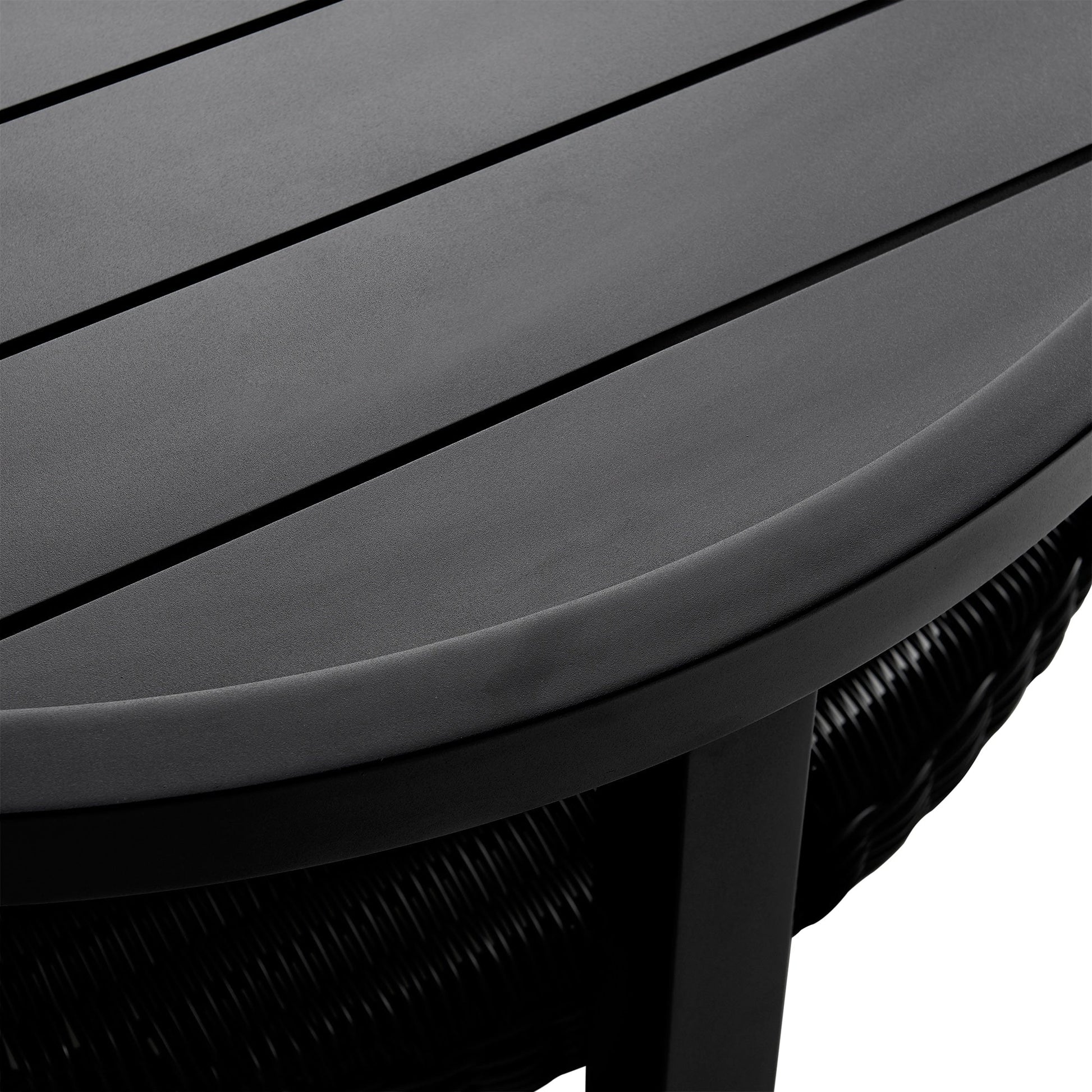 Grand Black Aluminum Outdoor Round Conversation Table with Wicker Shelf