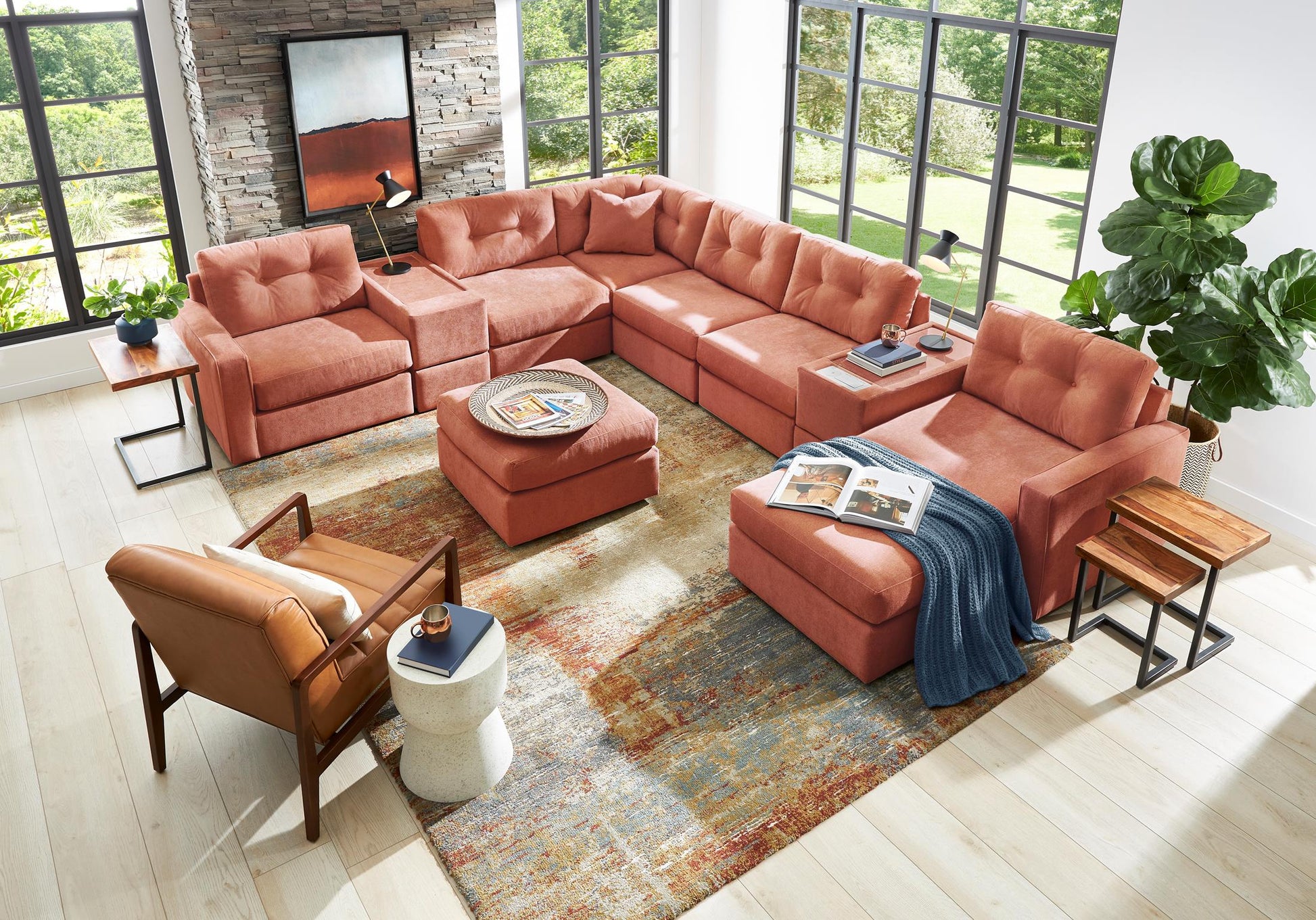 Terracotta sectional sofa with chaise-style side seats and tufted back cushions